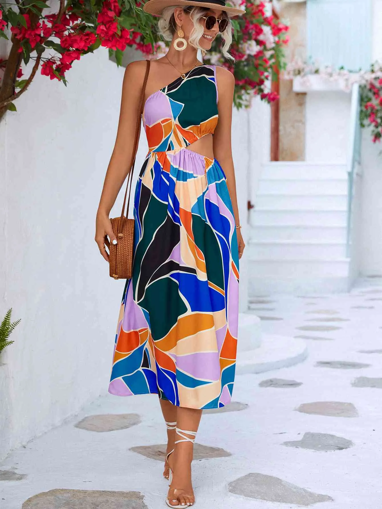 🌼 Printed Cutout One-Shoulder Sleeveless Dress 🌼