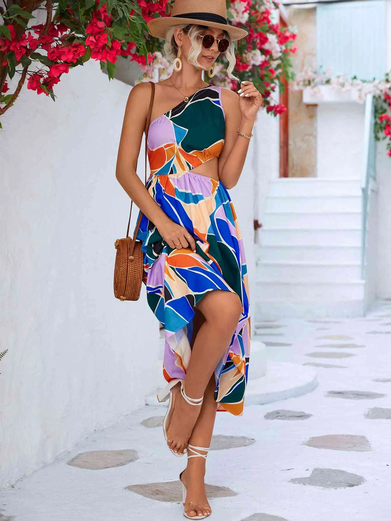 🌼 Printed Cutout One-Shoulder Sleeveless Dress 🌼