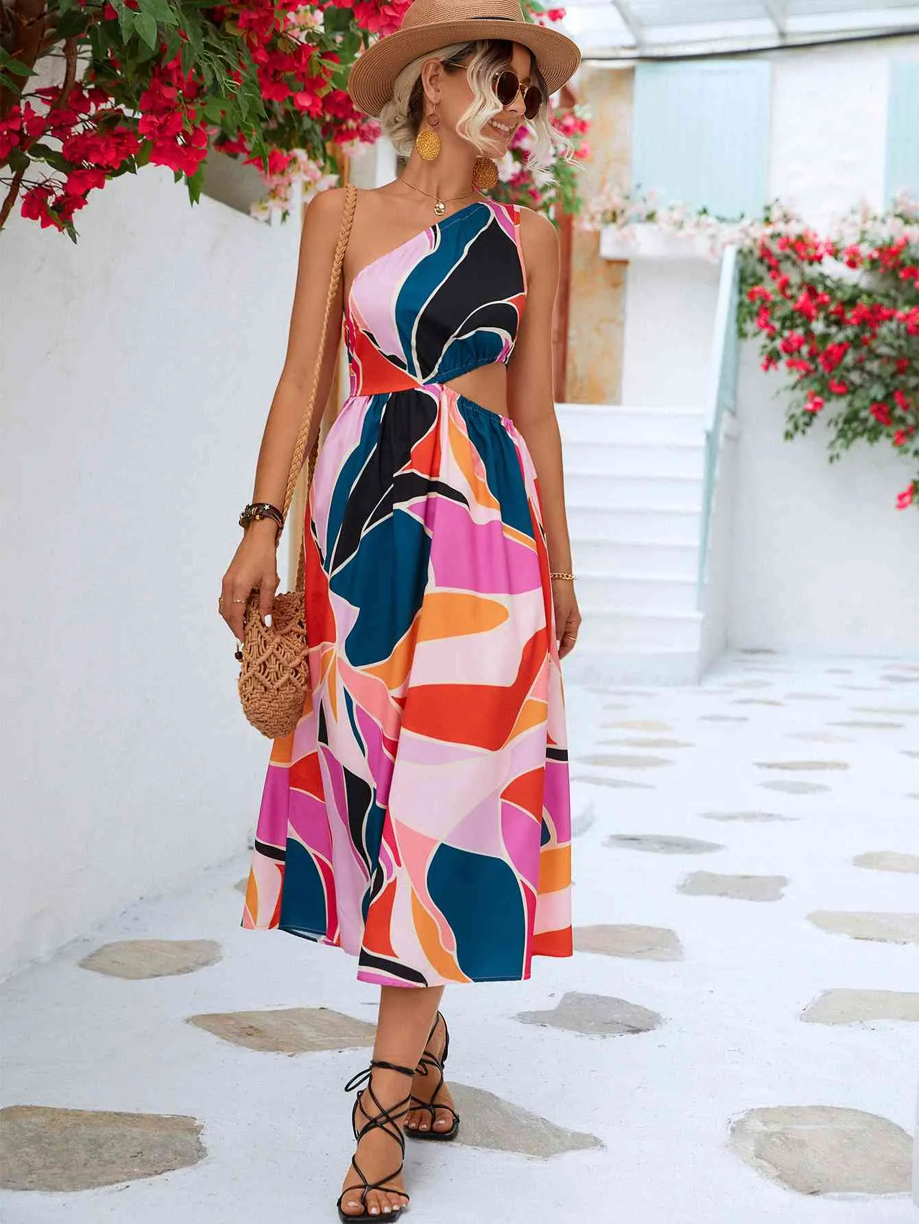 🌼 Printed Cutout One-Shoulder Sleeveless Dress 🌼