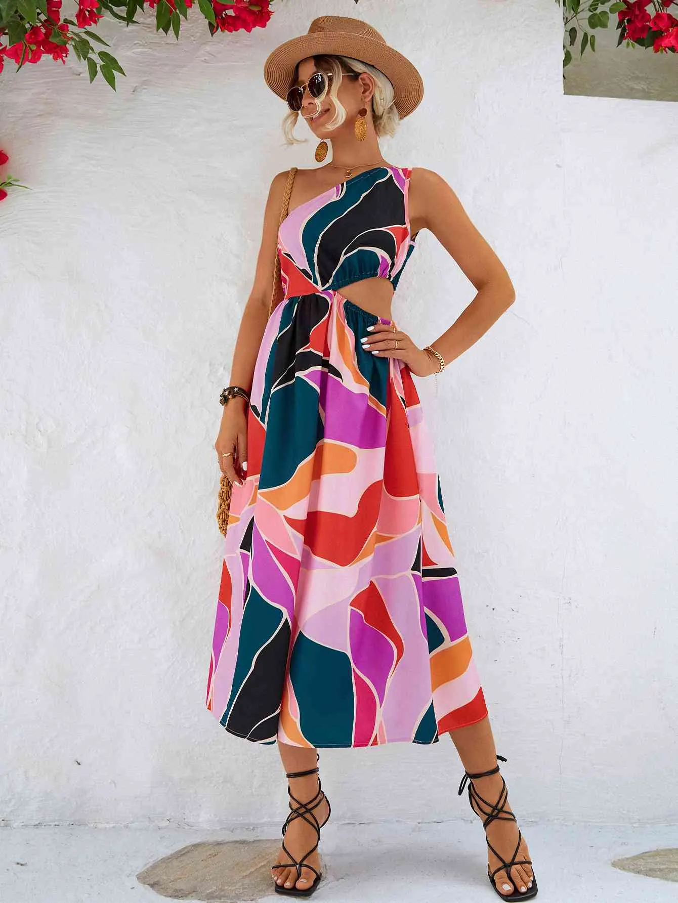 🌼 Printed Cutout One-Shoulder Sleeveless Dress 🌼