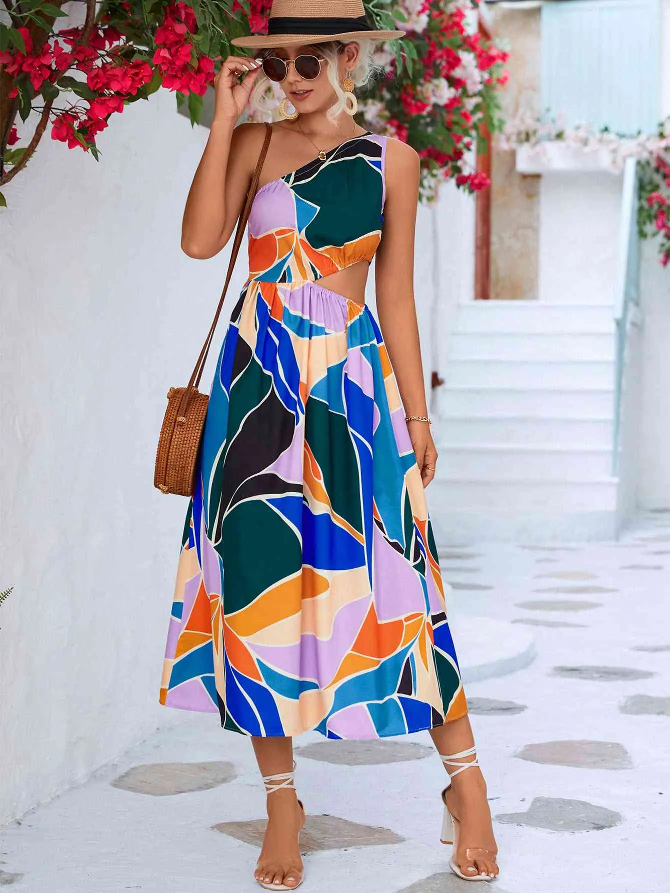 🌼 Printed Cutout One-Shoulder Sleeveless Dress 🌼