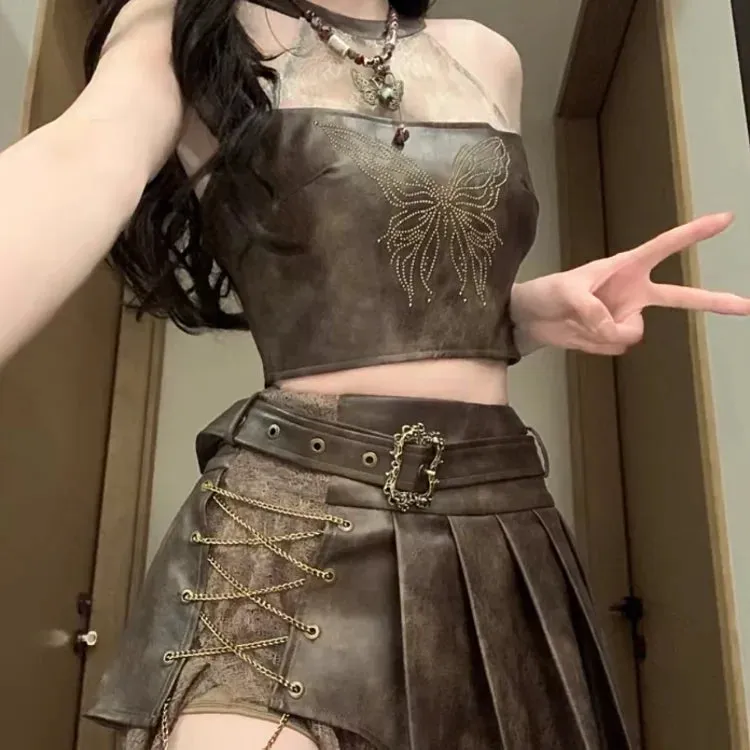 Aiertu Retro Fashion Spicy Girl Style Leather Halter TopTank Top Irregular Slimming Short Skirt Set Summer Two Piece Set Women Outfits