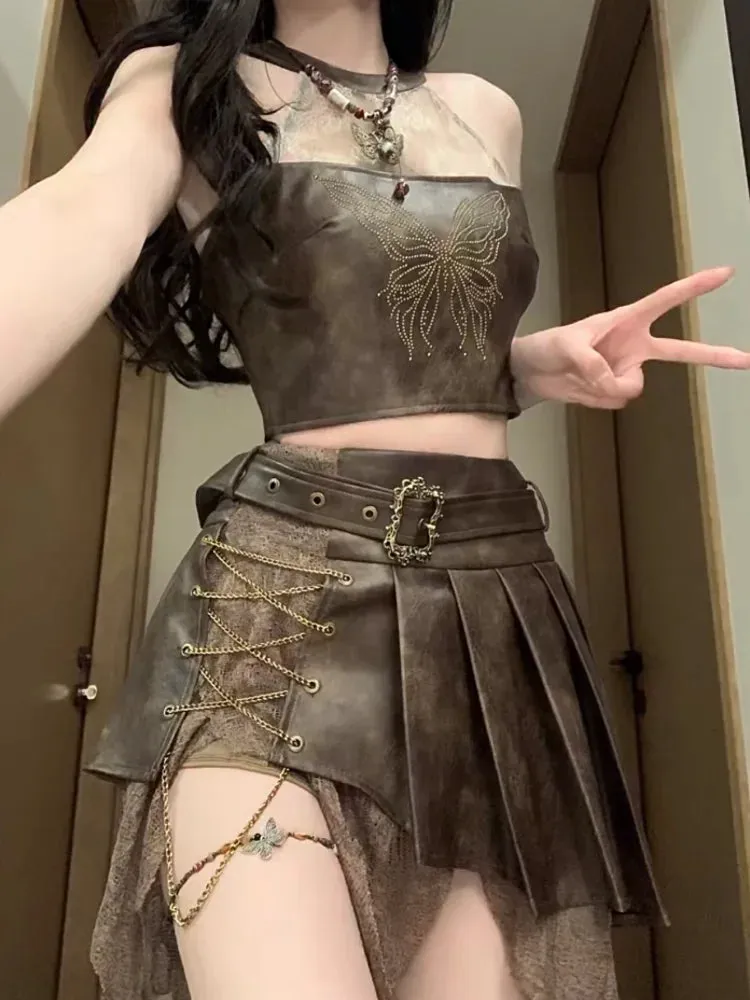 Aiertu Retro Fashion Spicy Girl Style Leather Halter TopTank Top Irregular Slimming Short Skirt Set Summer Two Piece Set Women Outfits