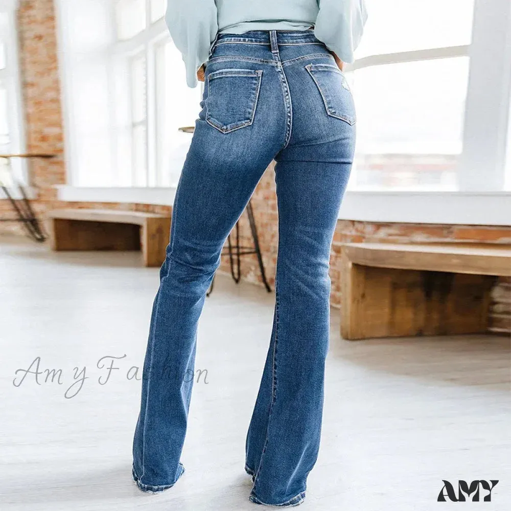 Amy Fashion - Patchwork Flared Vintage High Stretch Casual High Denim Jean