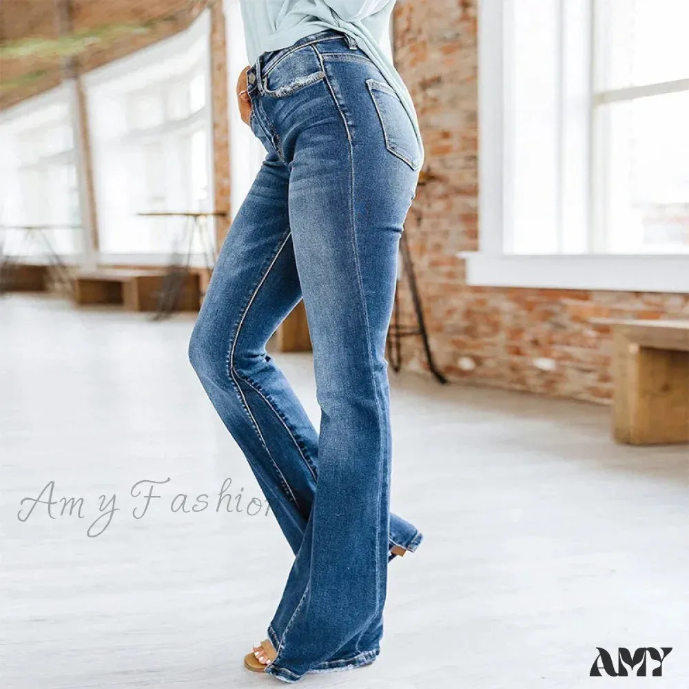 Amy Fashion - Patchwork Flared Vintage High Stretch Casual High Denim Jean