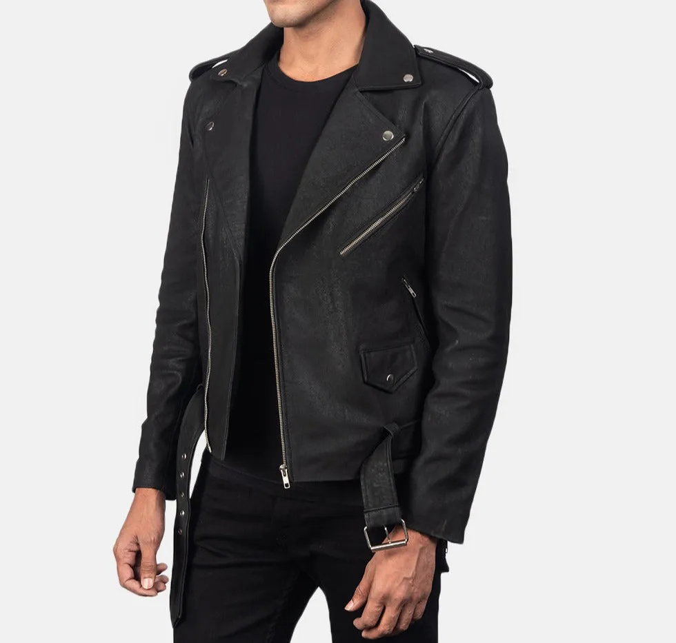 BIKER-1408 MUSH Genuine Distressed Black Leather Biker Jacket