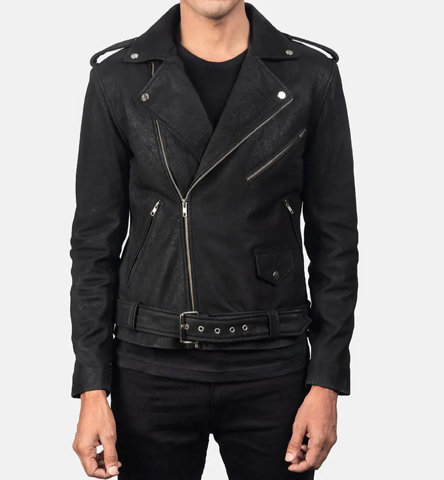 BIKER-1408 MUSH Genuine Distressed Black Leather Biker Jacket