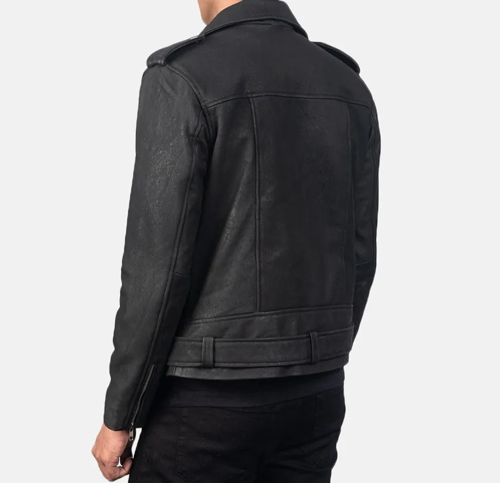 BIKER-1408 MUSH Genuine Distressed Black Leather Biker Jacket