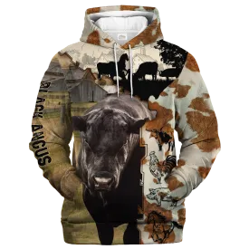 Black Angus Hoodie 3D All Over Print, Black Angus Fur Pattern On The Farm Hoodie