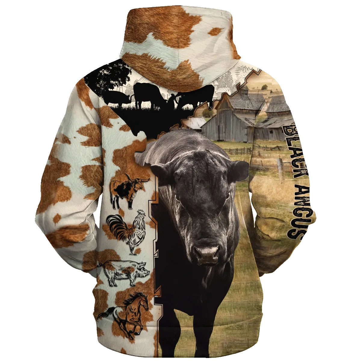 Black Angus Hoodie 3D All Over Print, Black Angus Fur Pattern On The Farm Hoodie