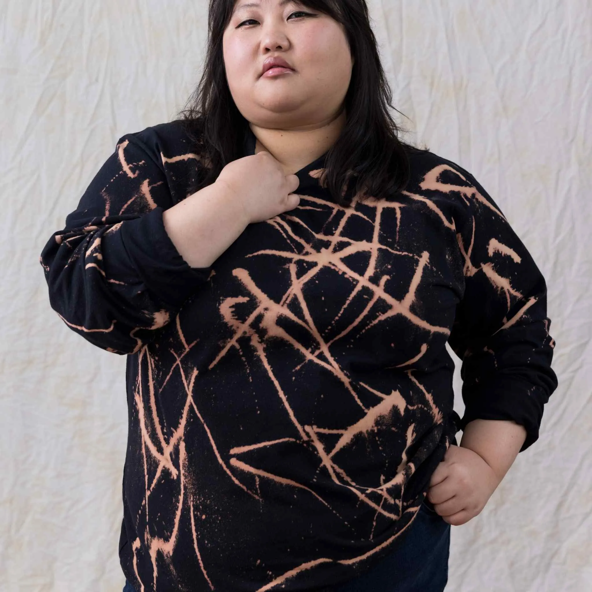 Black Vintage Bleach Tie Dye Long Sleeve Shirt 100% Cotton Tee