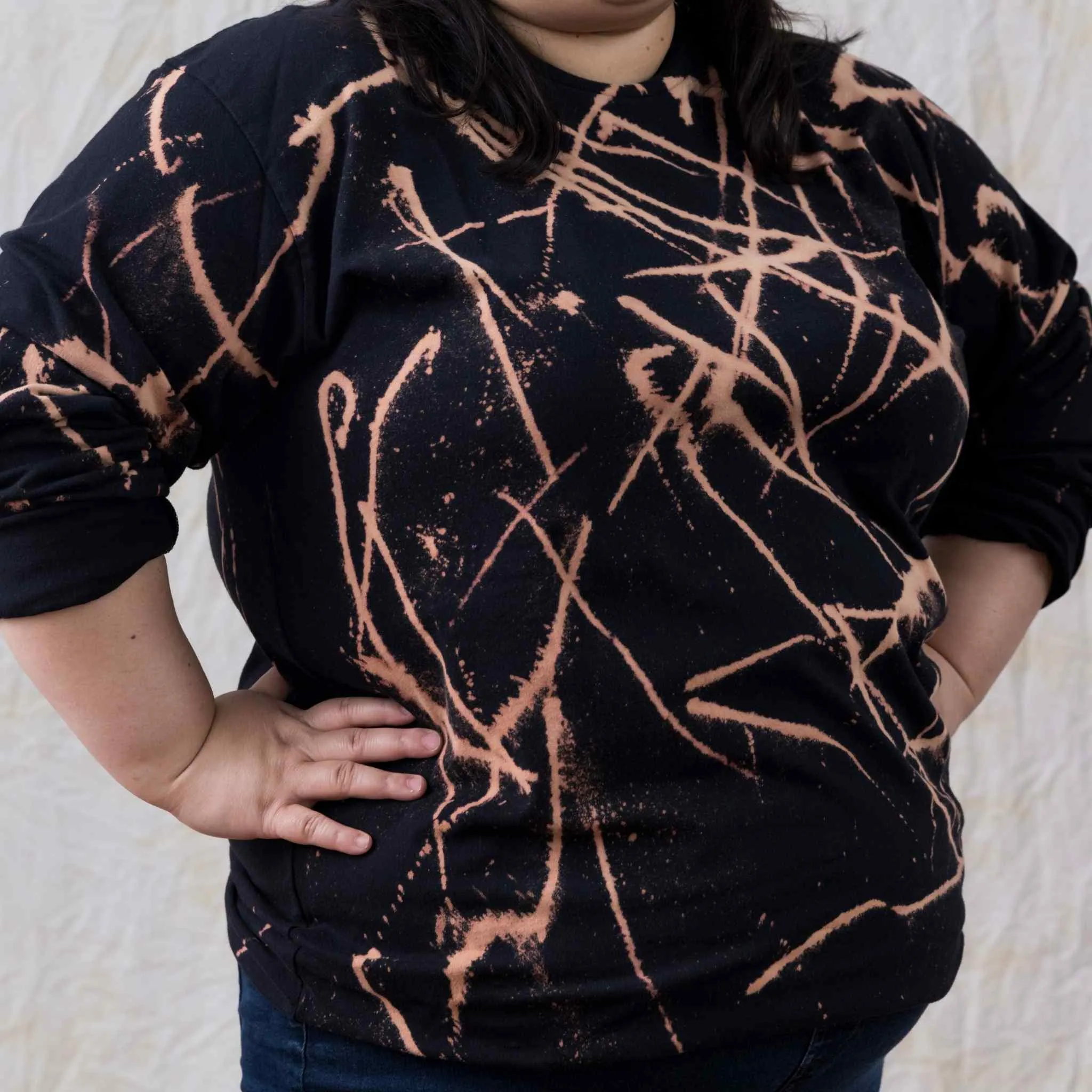 Black Vintage Bleach Tie Dye Long Sleeve Shirt 100% Cotton Tee