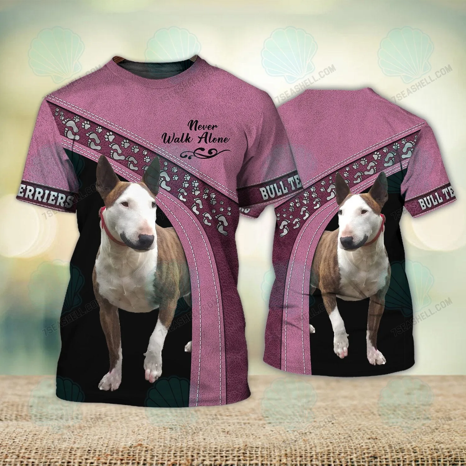 Bull Terriers Pink Love Never Walk Alone 3D Full Print Shirts, Dog Memorial Gifts for loss of Dog, Christmas Shirt for Dog Lovers