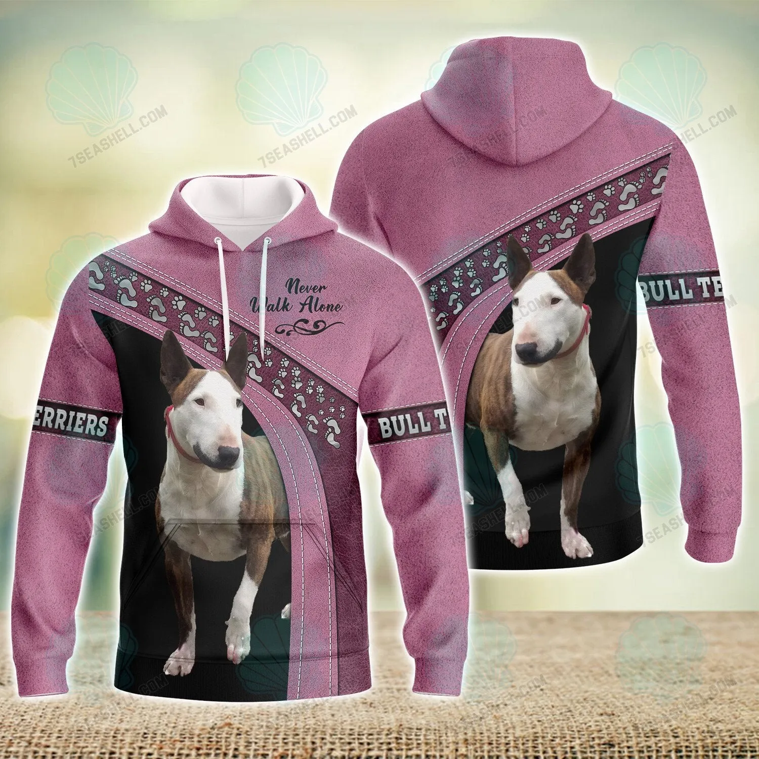 Bull Terriers Pink Love Never Walk Alone 3D Full Print Shirts, Dog Memorial Gifts for loss of Dog, Christmas Shirt for Dog Lovers