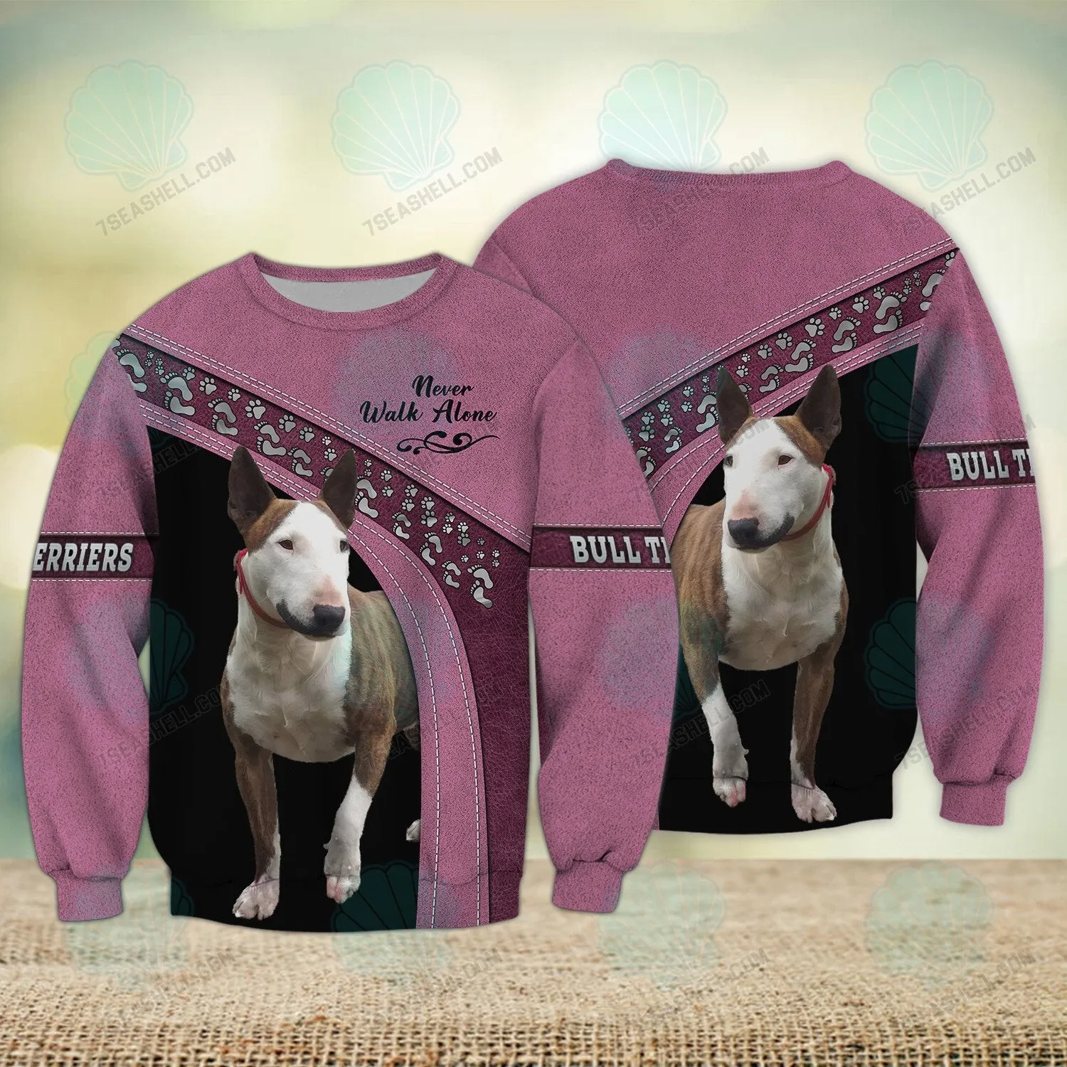 Bull Terriers Pink Love Never Walk Alone 3D Full Print Shirts, Dog Memorial Gifts for loss of Dog, Christmas Shirt for Dog Lovers