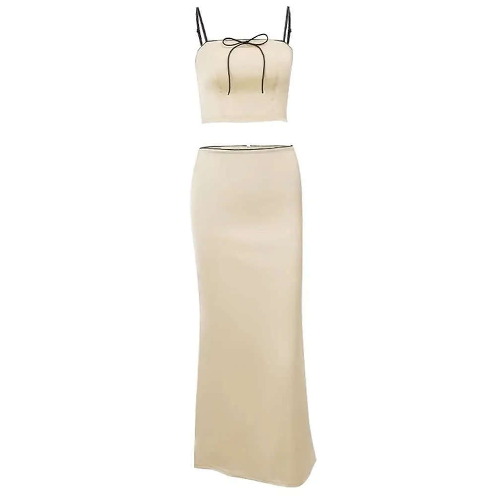 French Summer Satin Top & Maxi Skirt Set