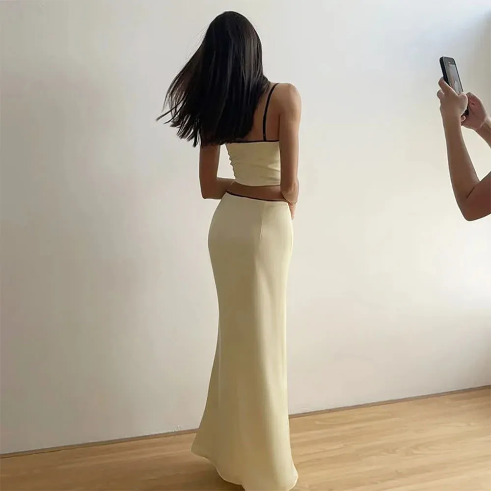 French Summer Satin Top & Maxi Skirt Set
