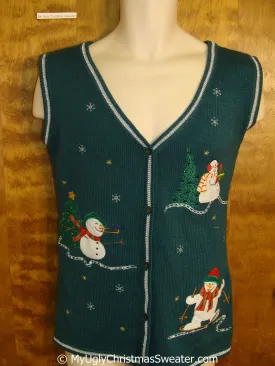 Funny Green Christmas Sweater Vest with Snowmen