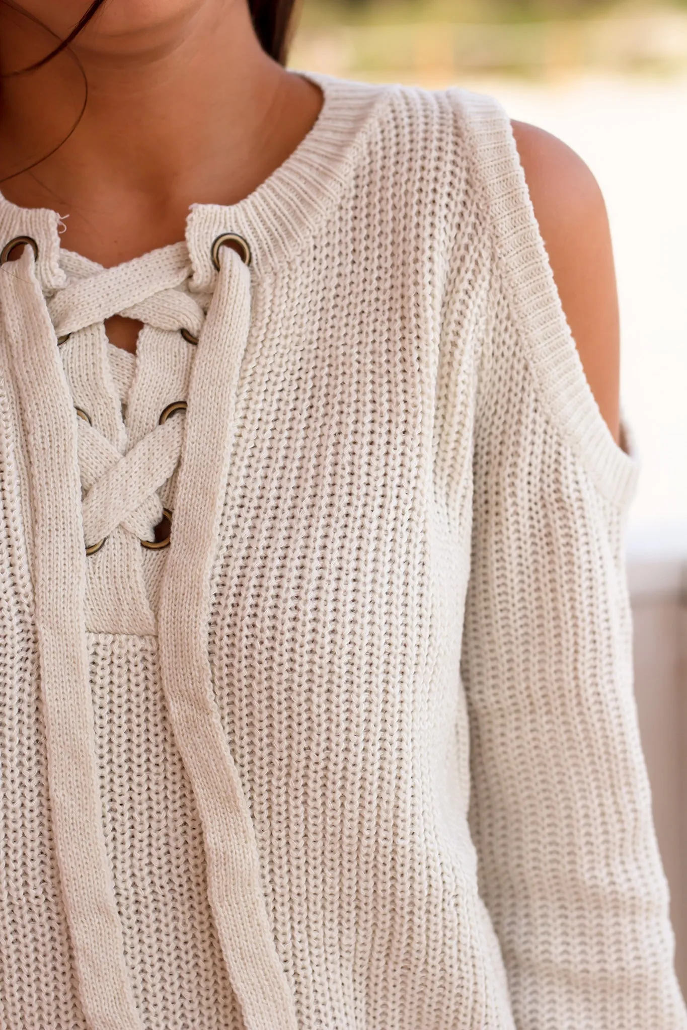 Ivory Knit Sweater with Open Shoulder