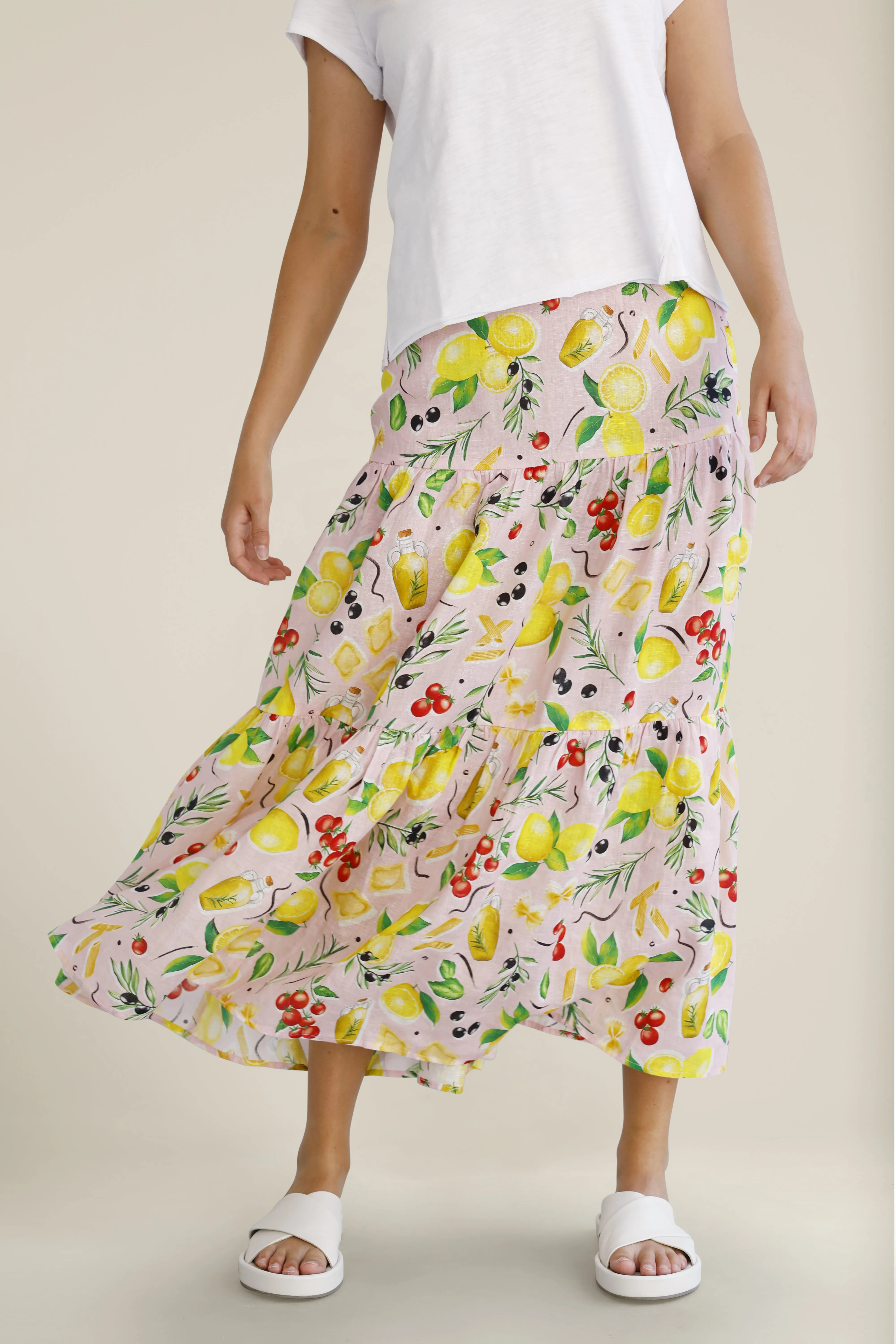 Linen Lemon Print Tiered Skirt