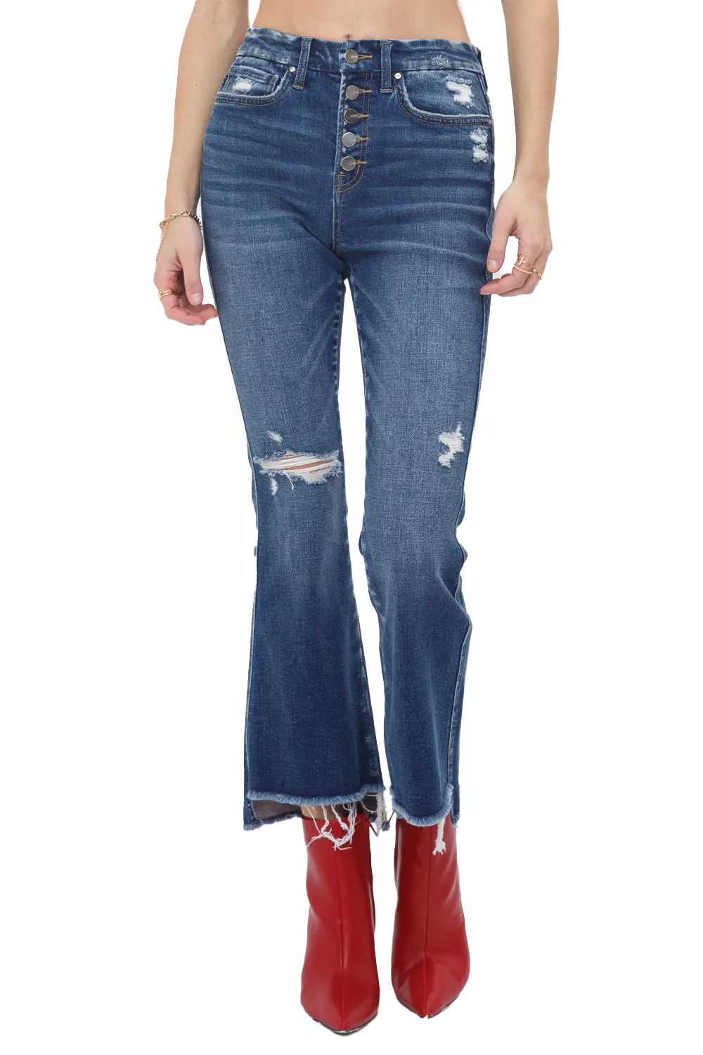 Mica Denim - Dolcetto High Rise Crop Flare Button with Step Hem Jeans - MDP-F148