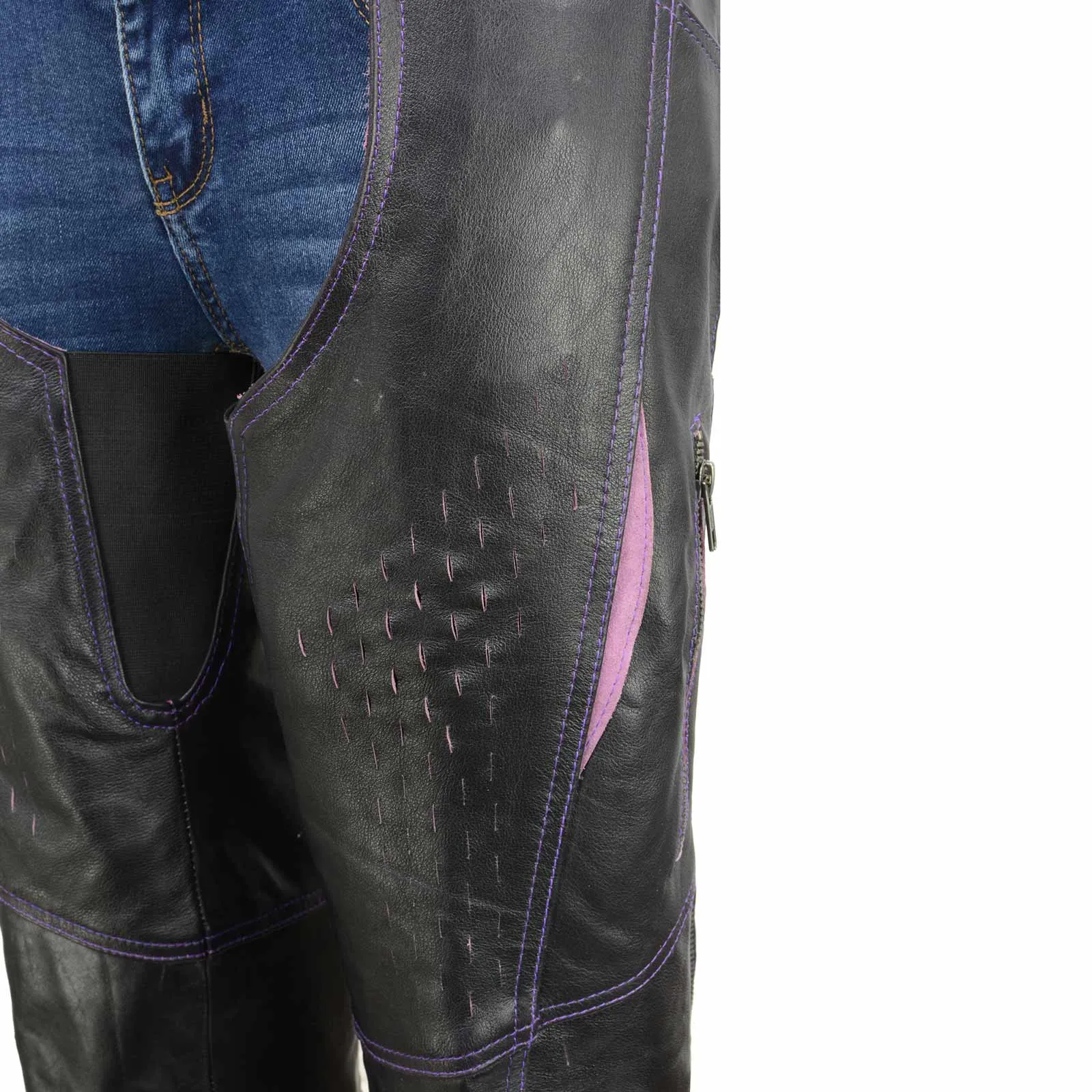 Milwaukee Leather Chaps for Women Black and Purple Premium Skin Laser