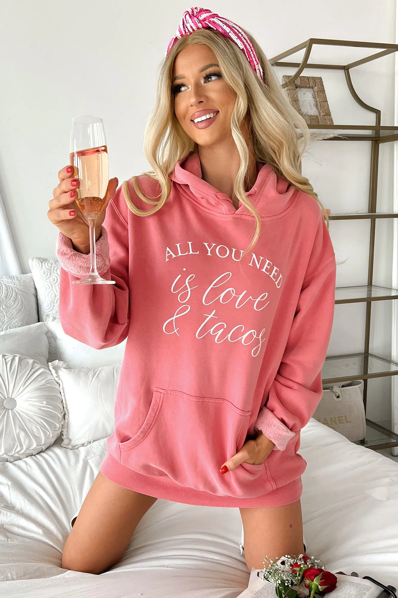 "All You Need Is Love & Tacos" Vintage Wash Graphic Hoodie (Pink) - Print On Demand