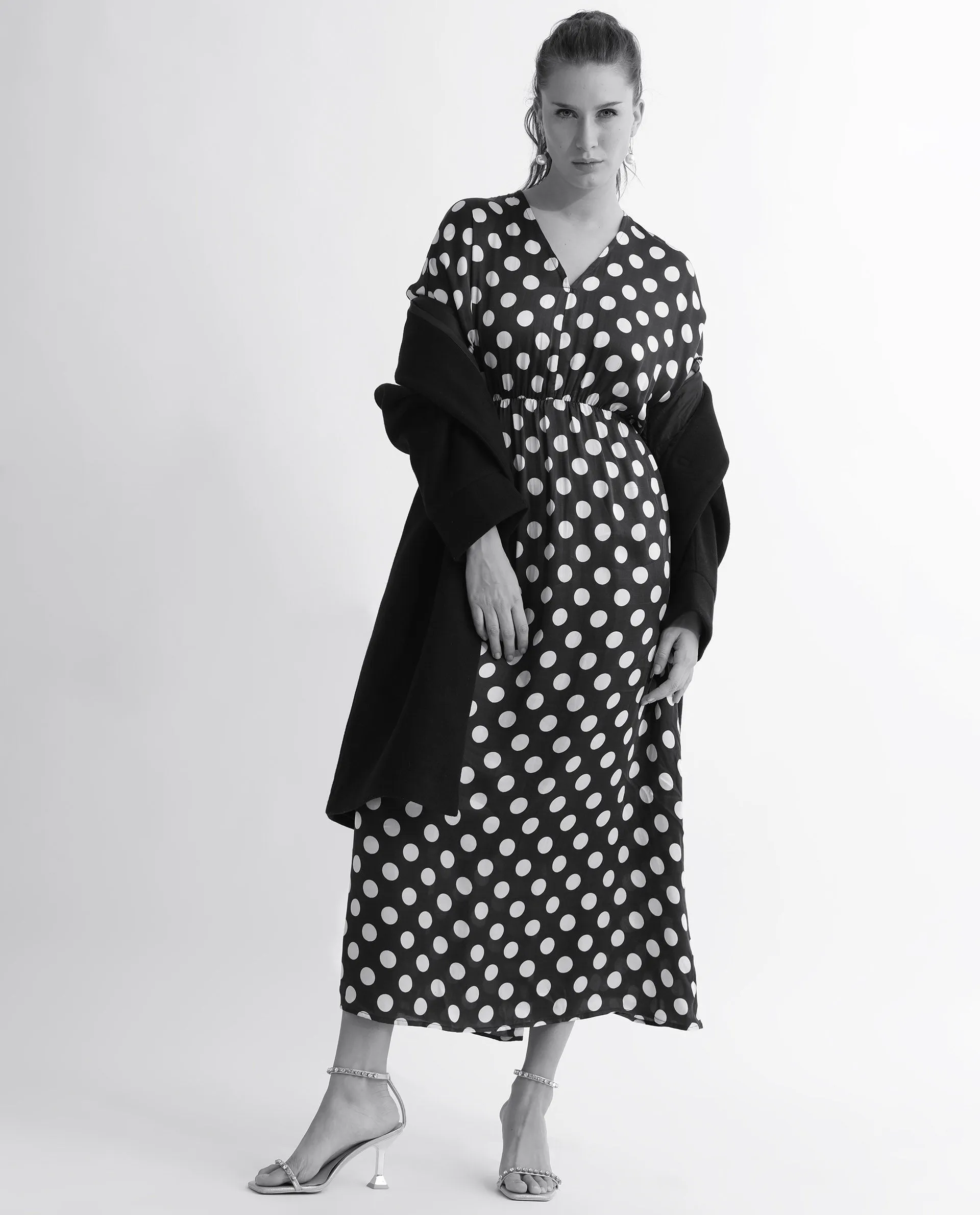 Rareism Women Wicked Blue Modal Satin Fabric Short Sleeves V-Neck Extended Sleeve Regular Fit Polka Maxi A-Line Dress