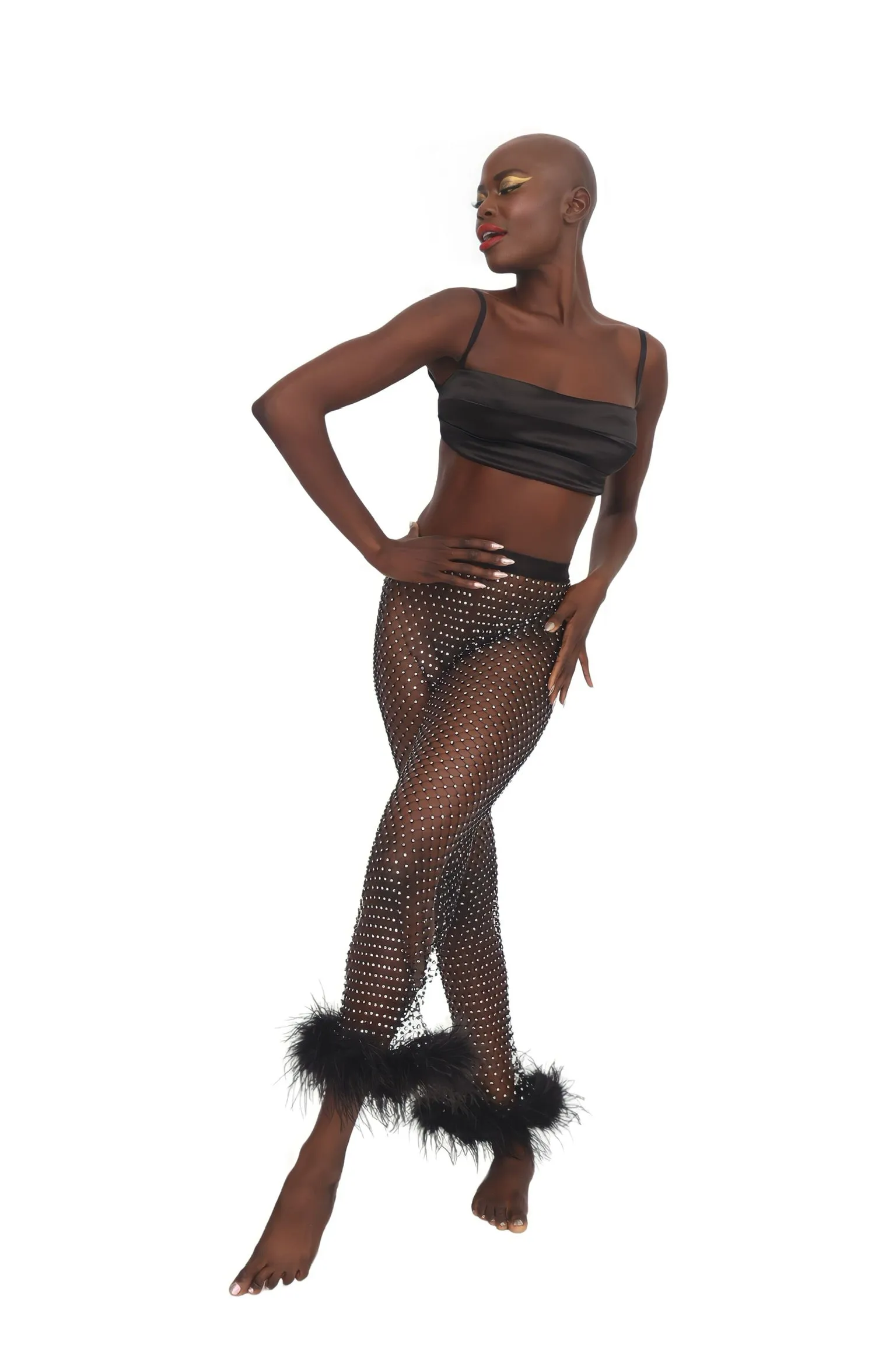 Rhinestone & Feather Pants - Black