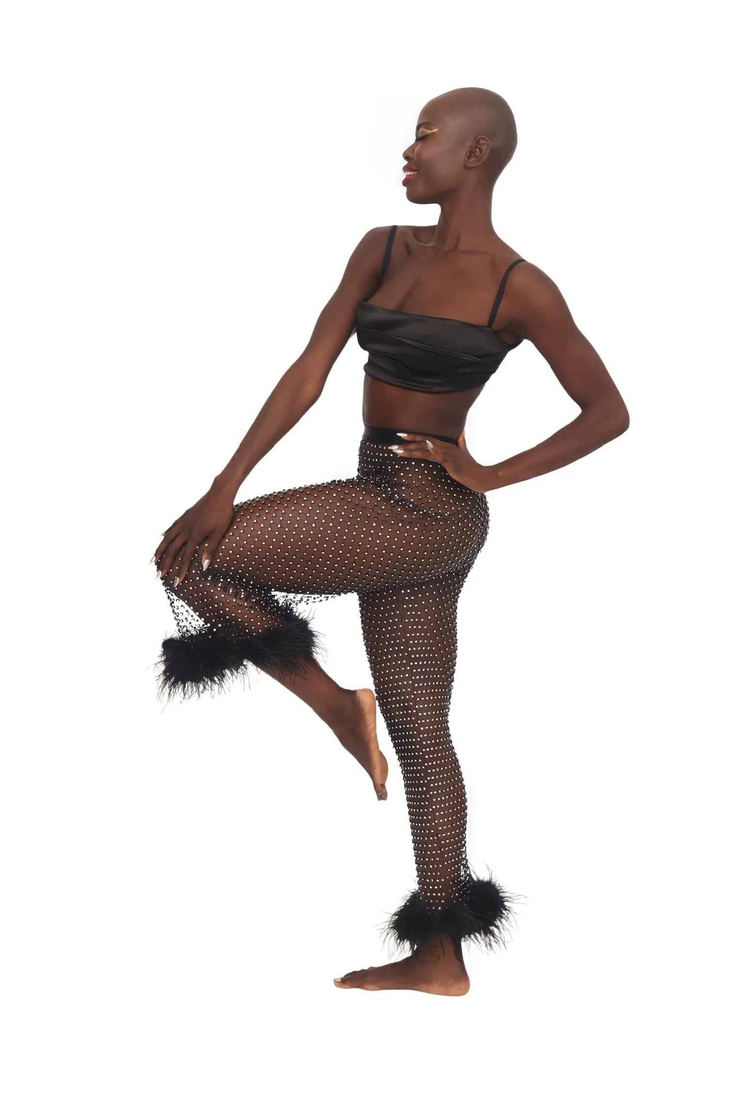 Rhinestone & Feather Pants - Black