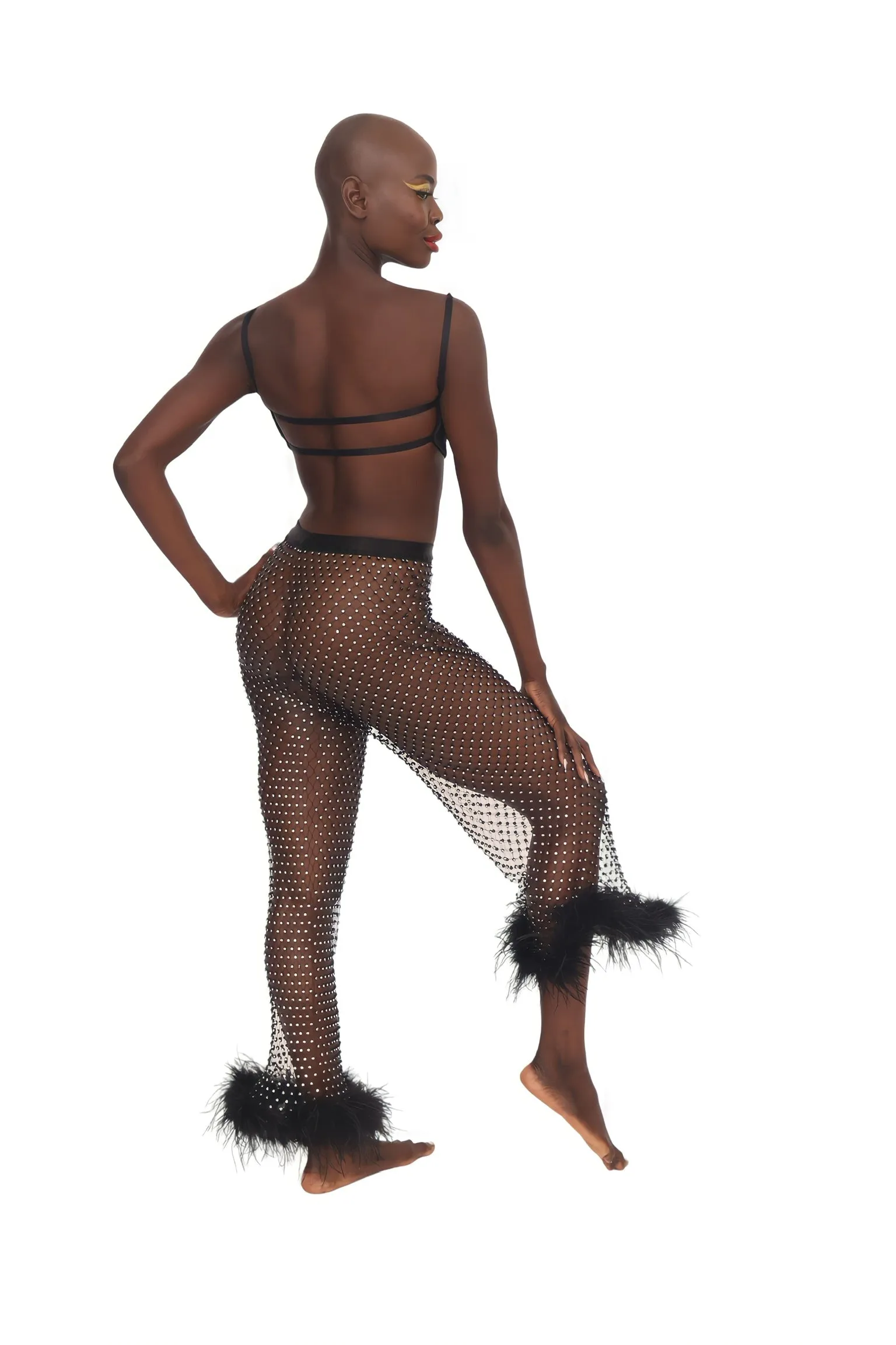 Rhinestone & Feather Pants - Black