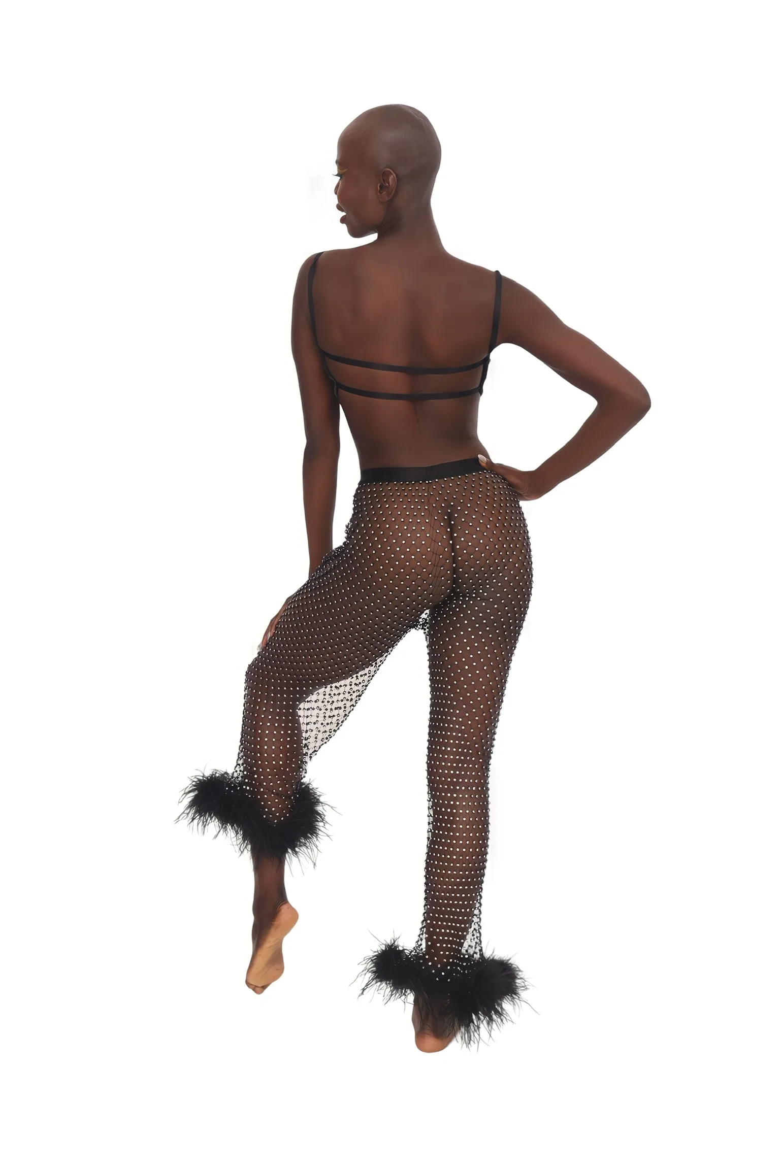 Rhinestone & Feather Pants - Black
