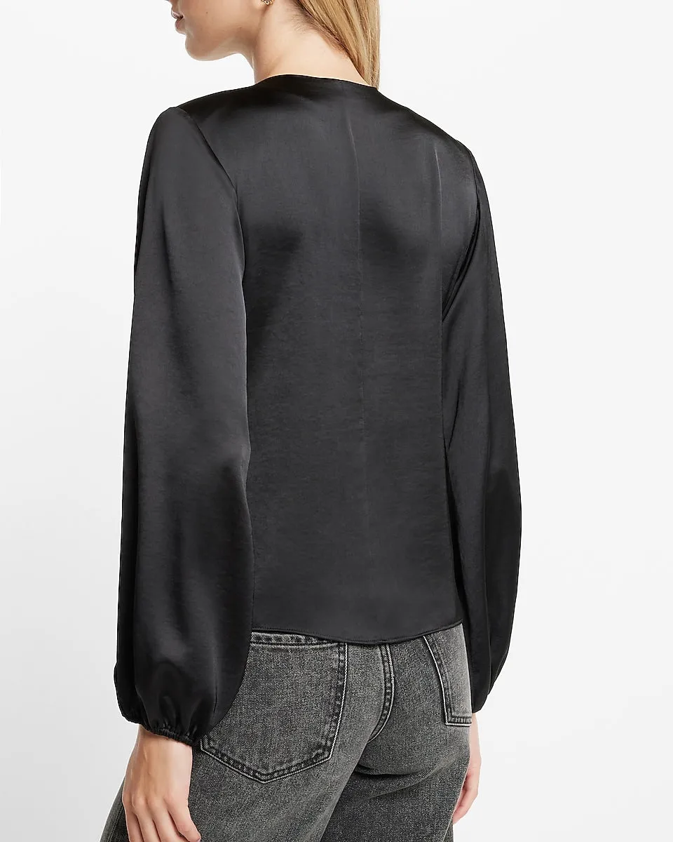 Satin V-Neck Balloon Sleeve Tie Front Top in Pitch Black