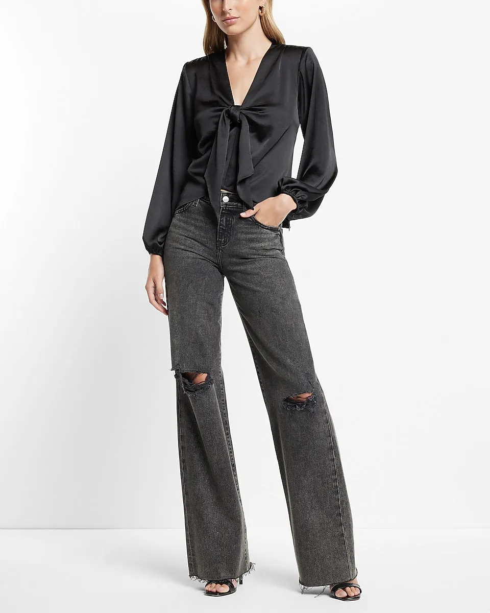 Satin V-Neck Balloon Sleeve Tie Front Top in Pitch Black