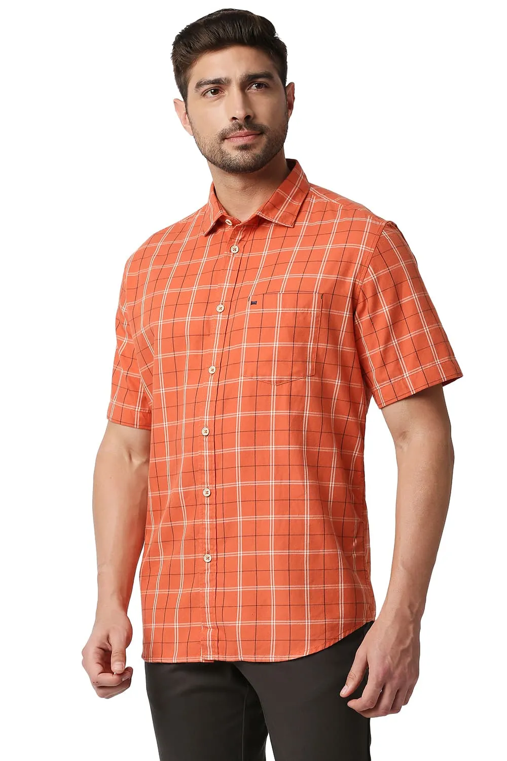Slim Fit Twill Checks Halfsleeves Shirt