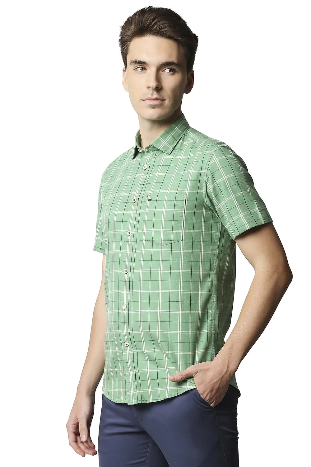 Slim Fit Twill Checks Halfsleeves Shirt