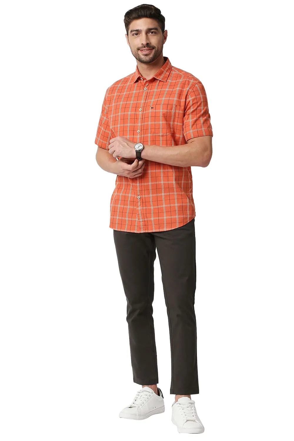 Slim Fit Twill Checks Halfsleeves Shirt