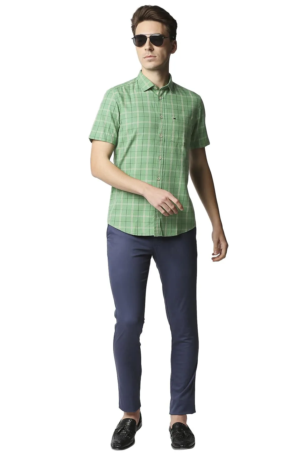 Slim Fit Twill Checks Halfsleeves Shirt