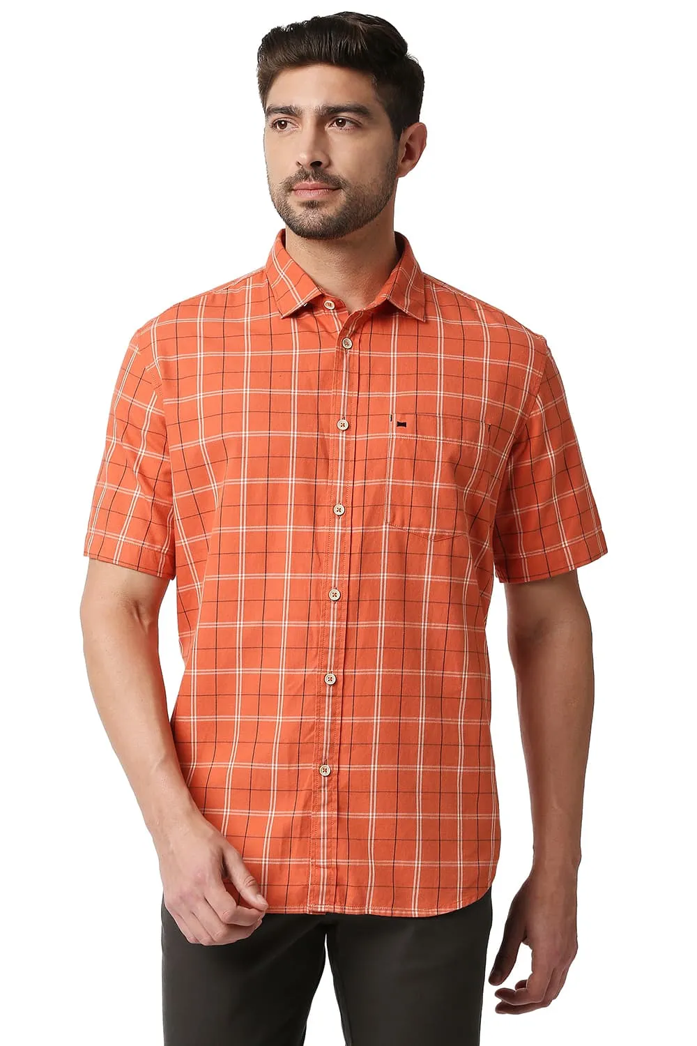 Slim Fit Twill Checks Halfsleeves Shirt