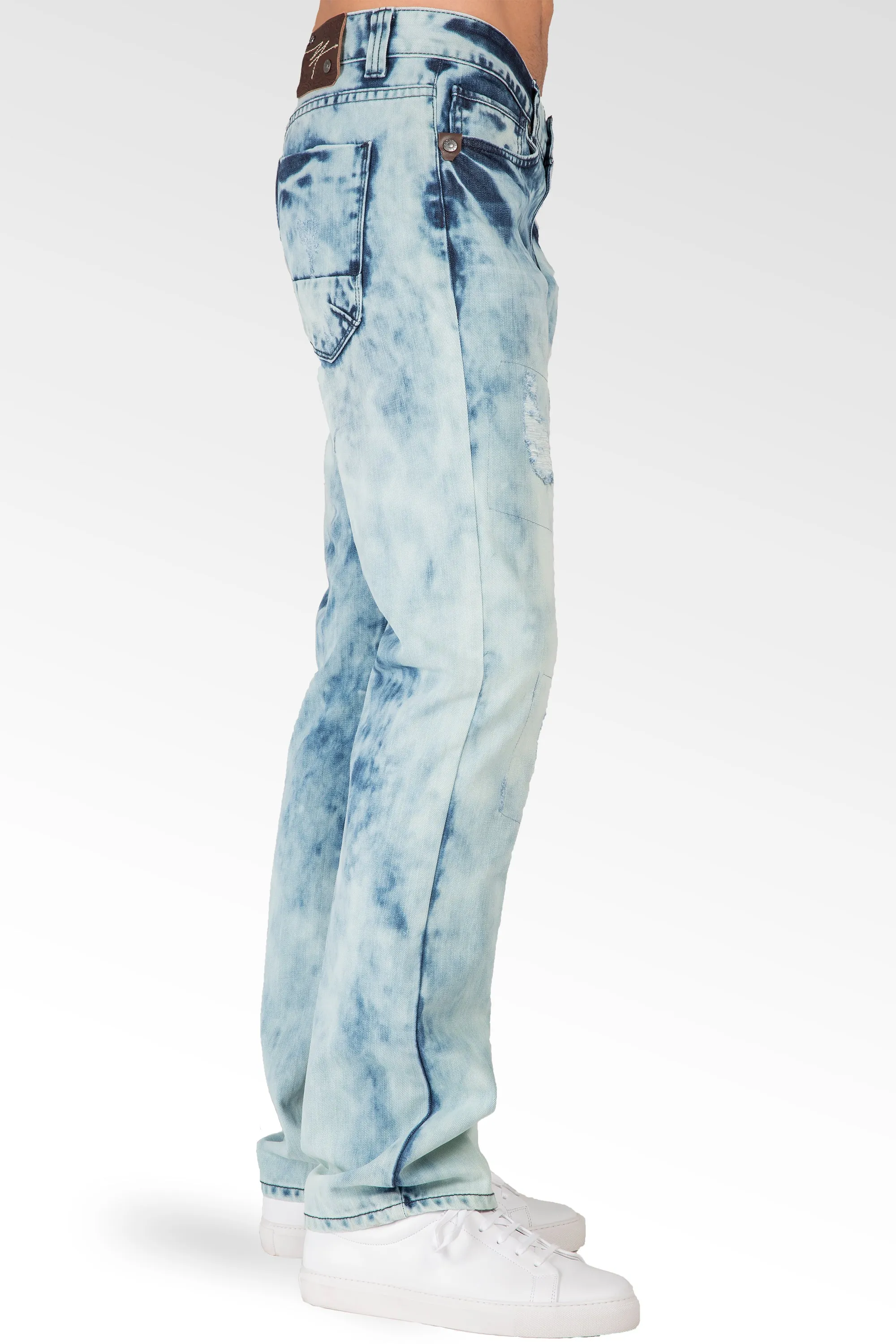 Slim Straight Blue Lava Washed Premium Denim Signature 5 Pocket Jeans Ripped & Repaired
