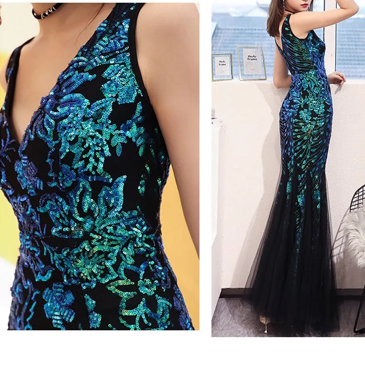 “Sofia” PEACOCK SEQUINS ELEGANT MERMAID TULLE FORMAL EVENING DRESS