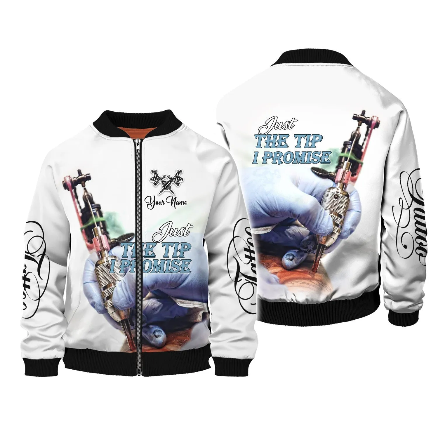 Tattoo Artist Shop White Just the Tip I Promise Personalized Name Sweatshirt Zipper Hoodie