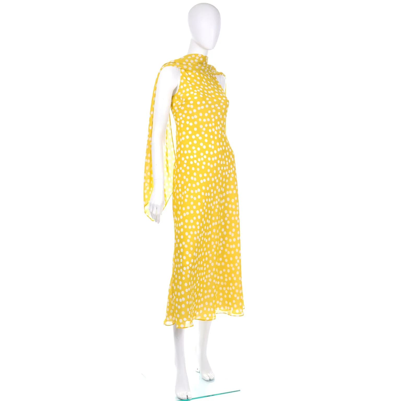 Vintage Chetta B Yellow Print 1990s Dress with Attached Scarf