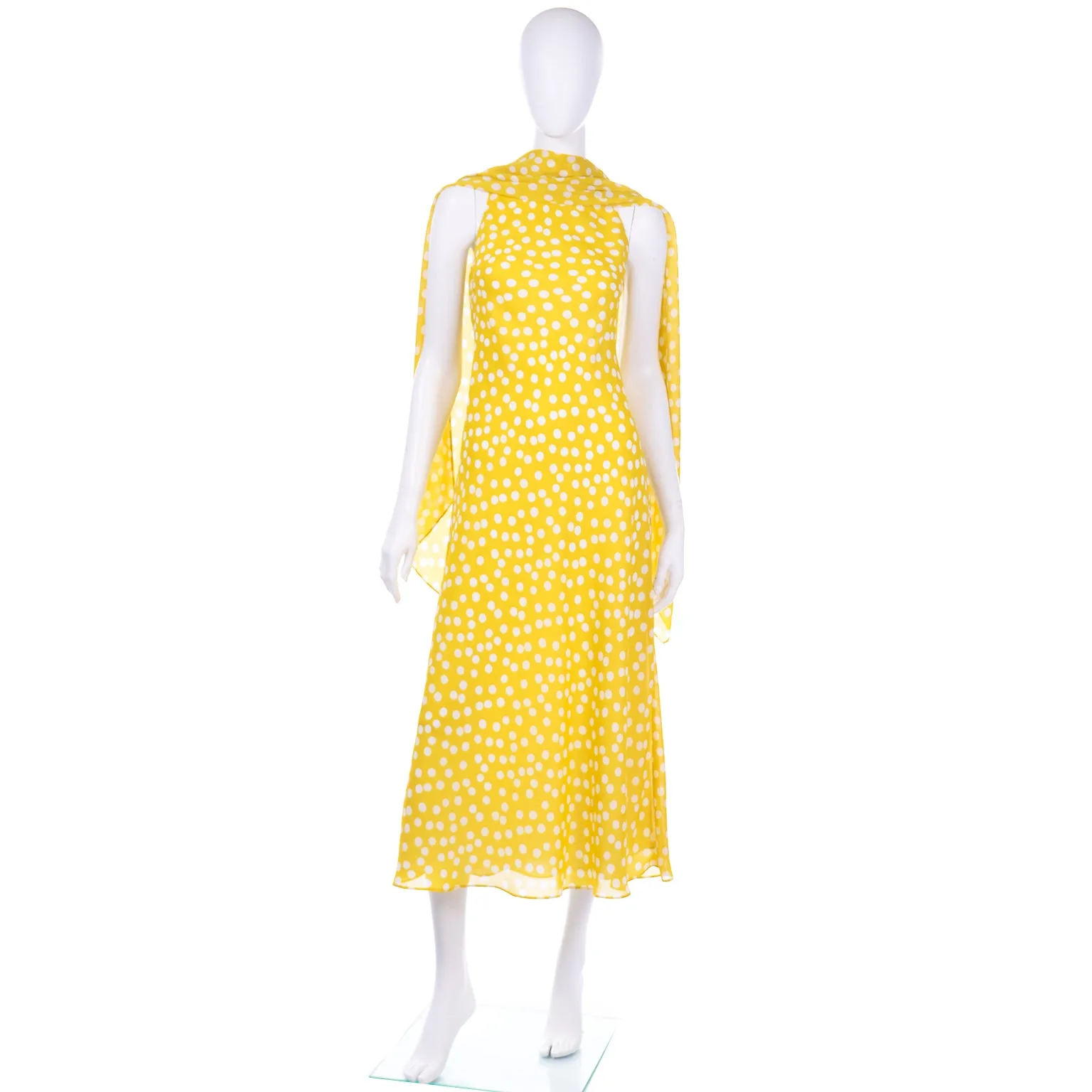 Vintage Chetta B Yellow Print 1990s Dress with Attached Scarf