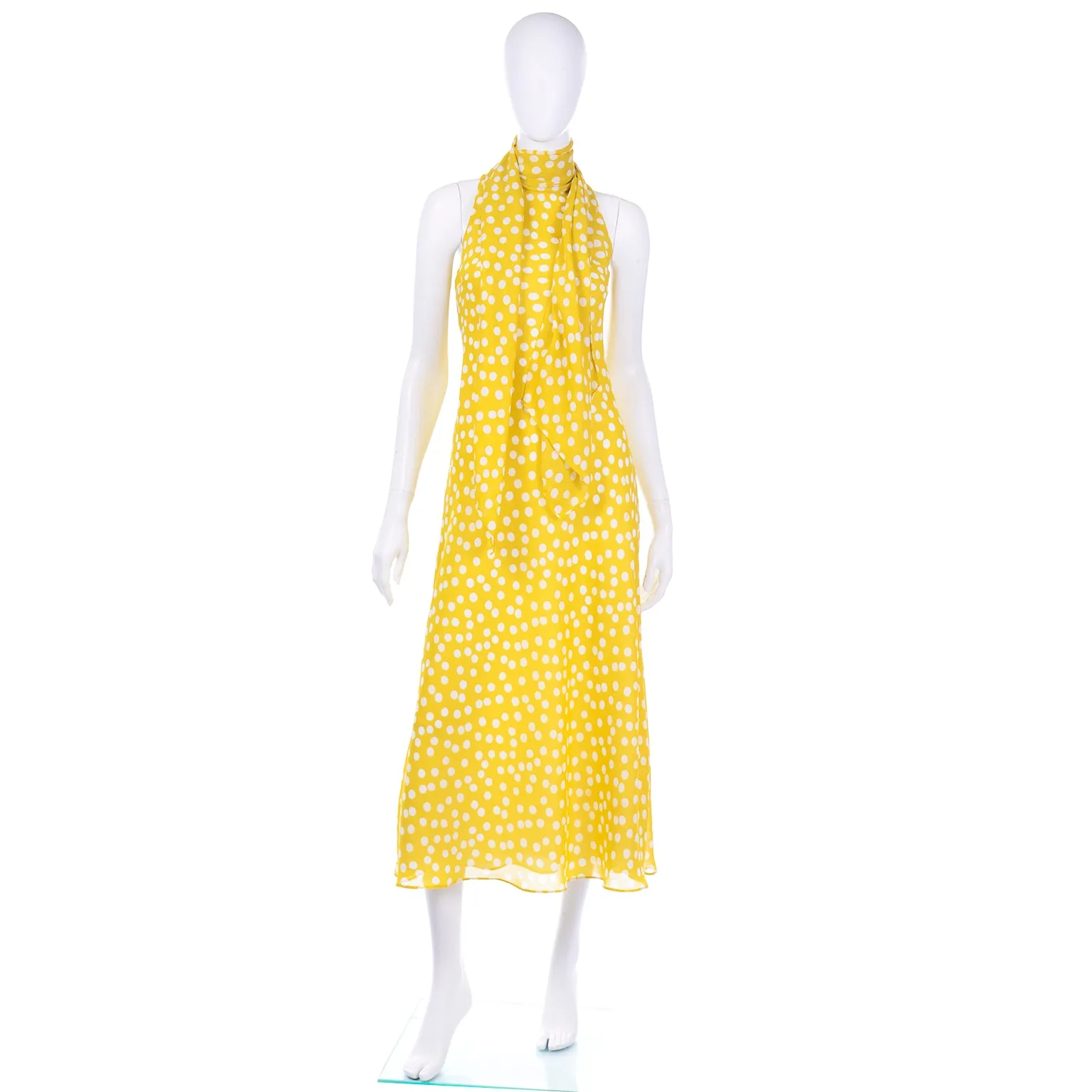 Vintage Chetta B Yellow Print 1990s Dress with Attached Scarf
