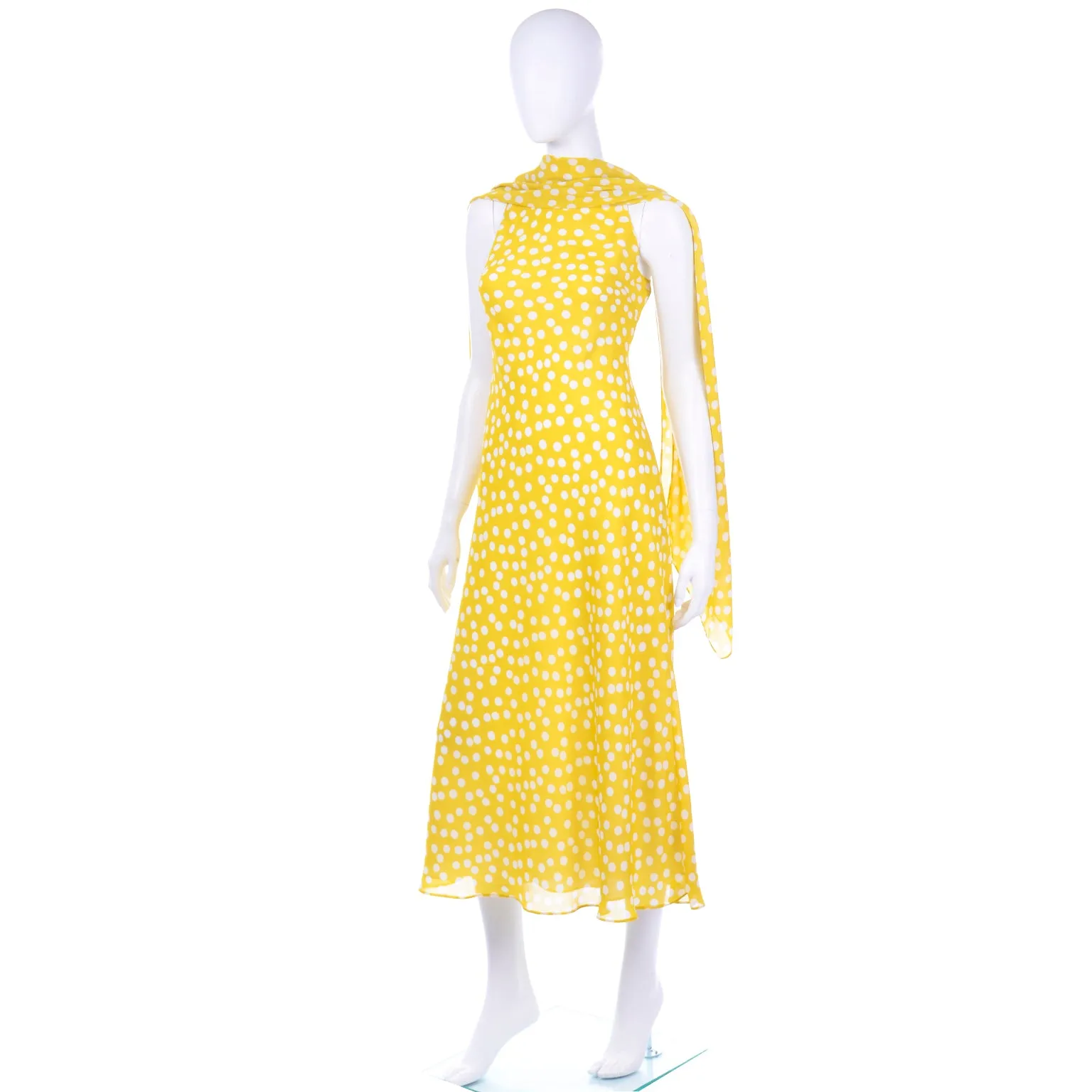 Vintage Chetta B Yellow Print 1990s Dress with Attached Scarf