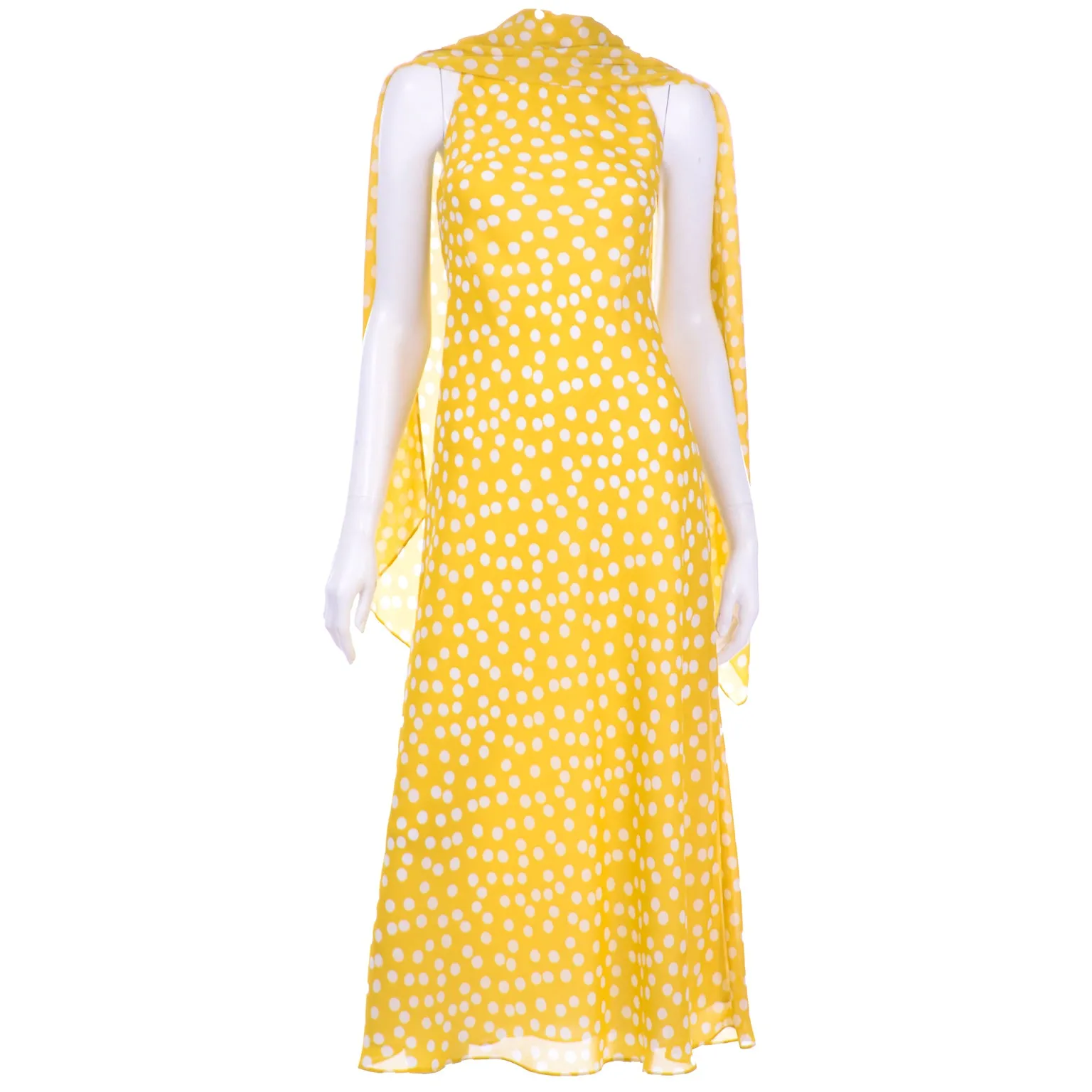 Vintage Chetta B Yellow Print 1990s Dress with Attached Scarf