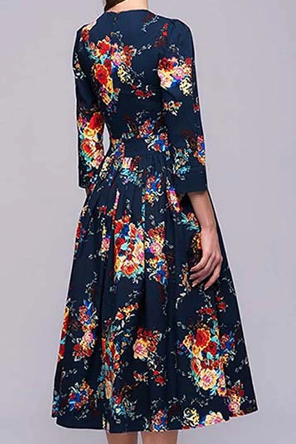 Women Floral Waist Belt Pleated Dress - C6595JPD