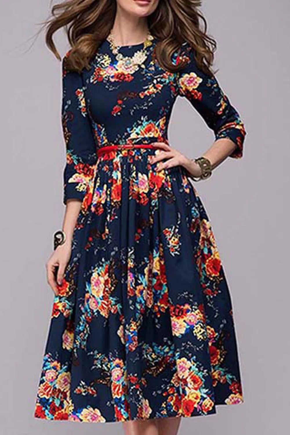 Women Floral Waist Belt Pleated Dress - C6595JPD
