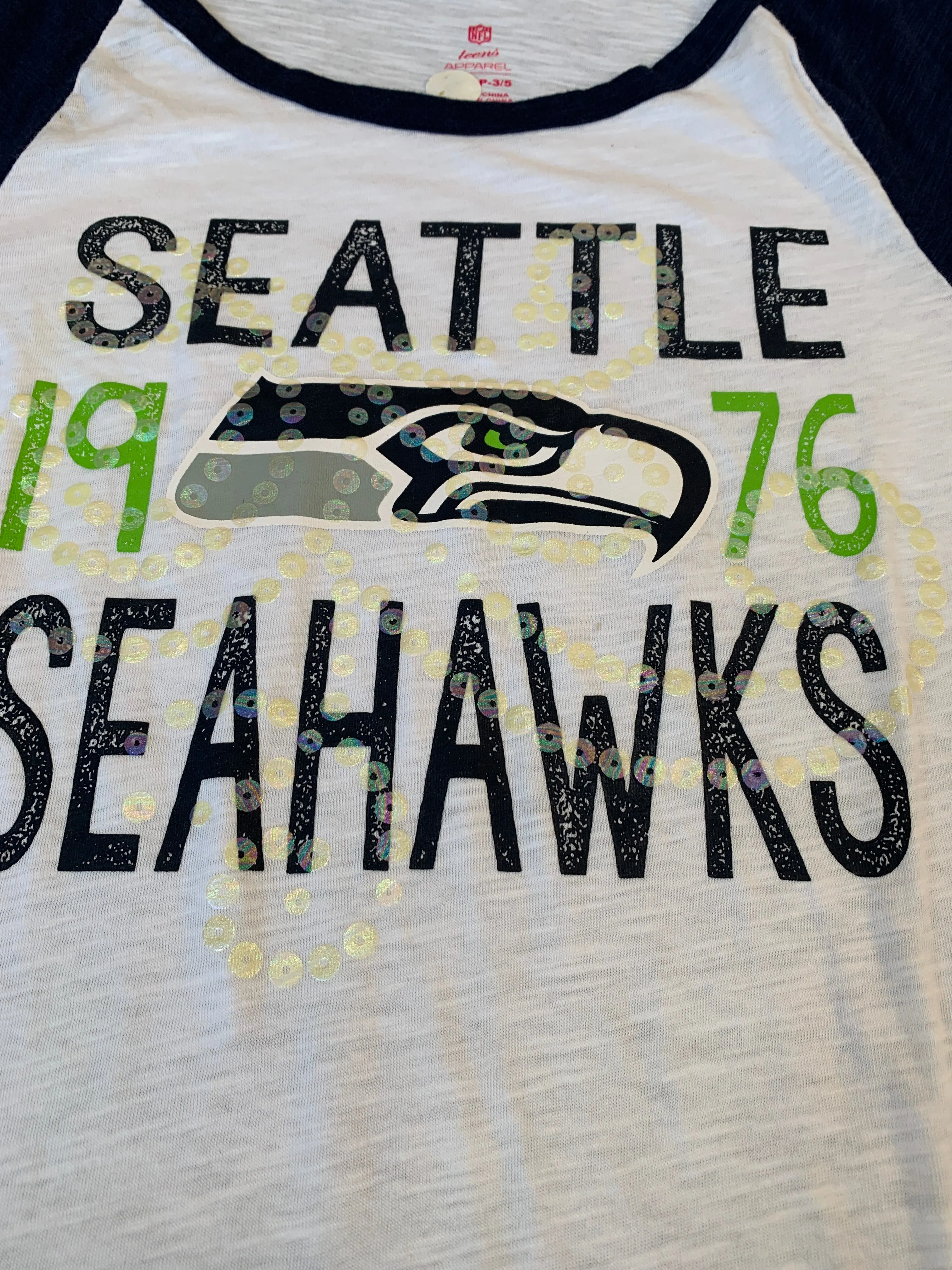 Womens Seattle Seahawks White 3/4 sleeve tee
